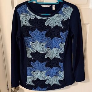 Isaac Mizrahi Live! Blue Soutache Lace Panel Floral Knit Tunic XXS
